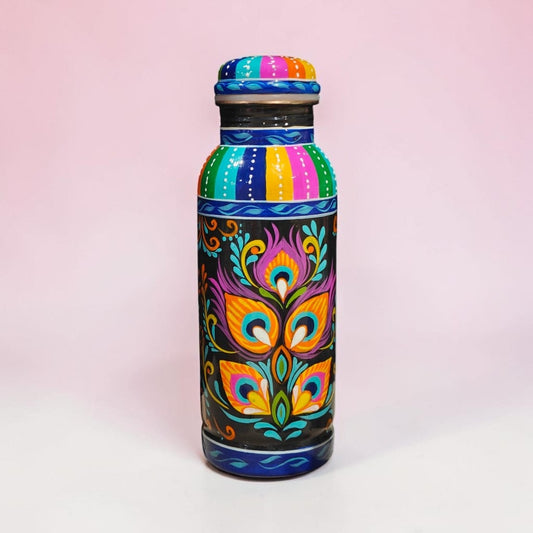 Copper Water Bottle — Peacock Feather Folk Art Design