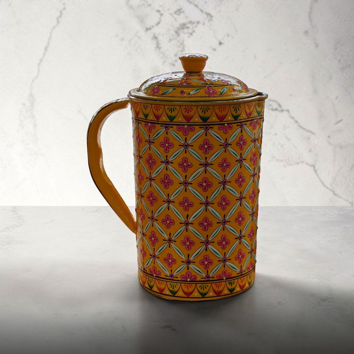 Hand-Painted Water Jug – Geometric Floral Pattern, Light Teal, Lemon Yellow or Mint