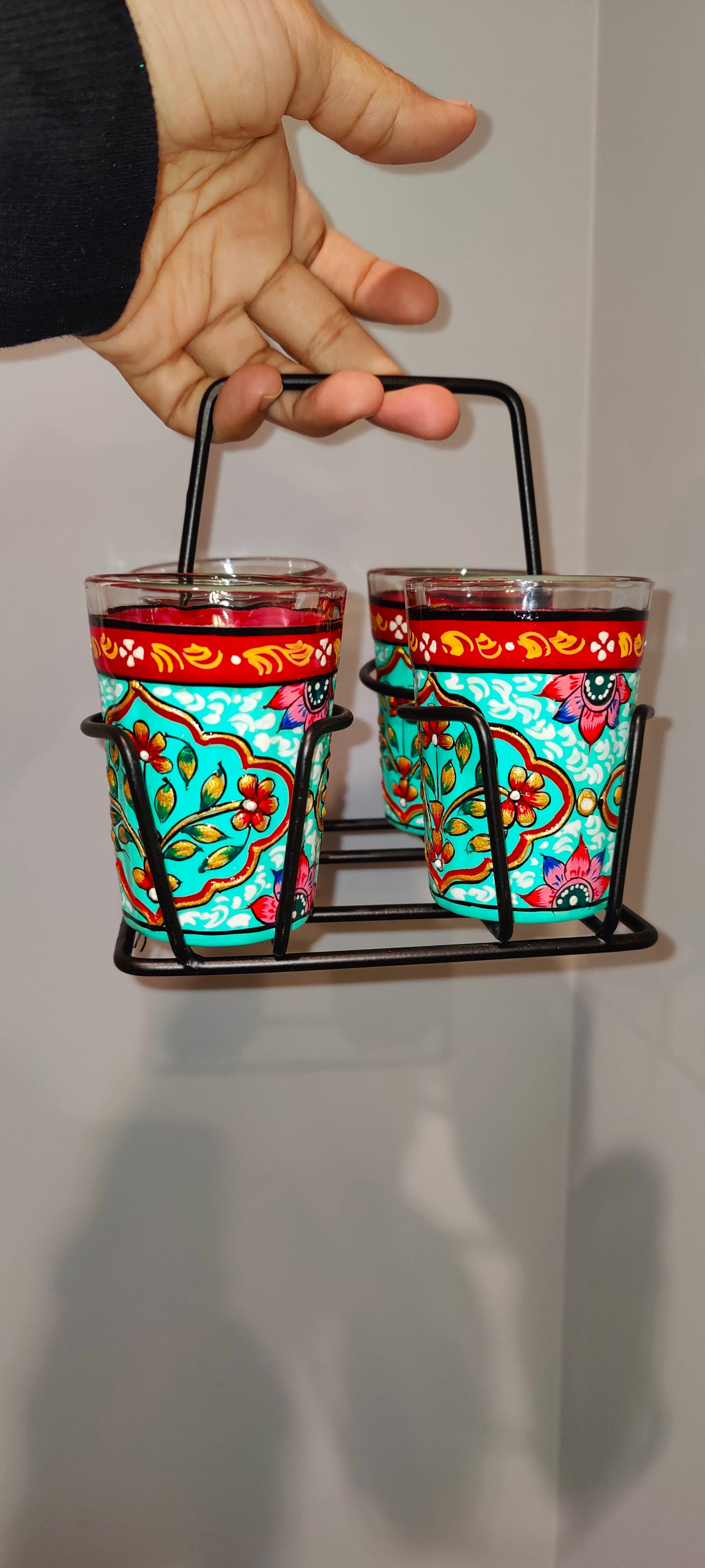 Hand-Painted Glass Tumbler Set (4) with Holder | Artistic Indian Drinkware