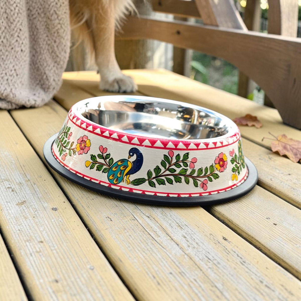 Stainless Steel Pet Bowl with Non-Slip Ring | Peacock Design