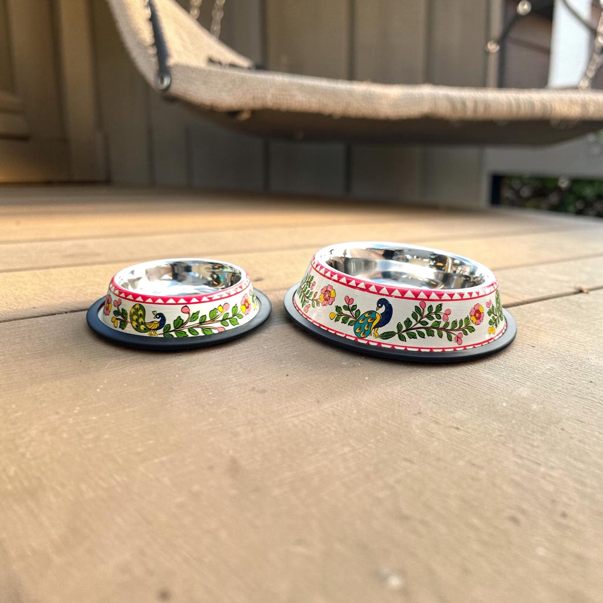 Stainless Steel Pet Bowl with Non-Slip Ring | Peacock Design