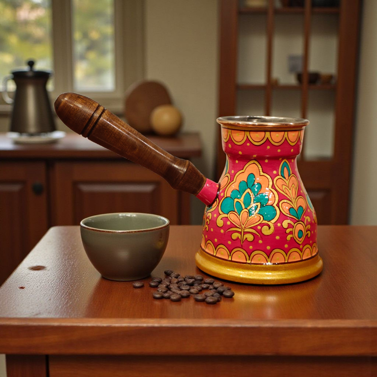Side view of the traditional hand-painted copper Turkish coffee pot with wooden handle fuschia cezve 400ml arabian pichai floral design by Dastkaari