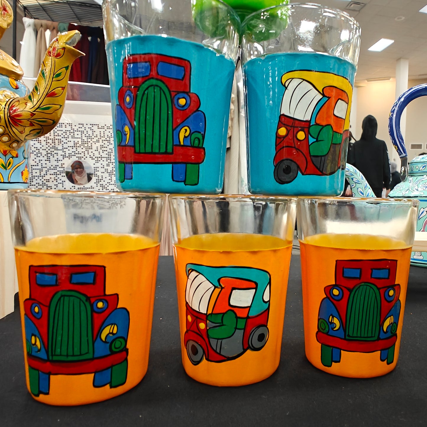 Hand-Painted Glass Tumbler Set (6) with Holder | Vibrant Indian Drinkware