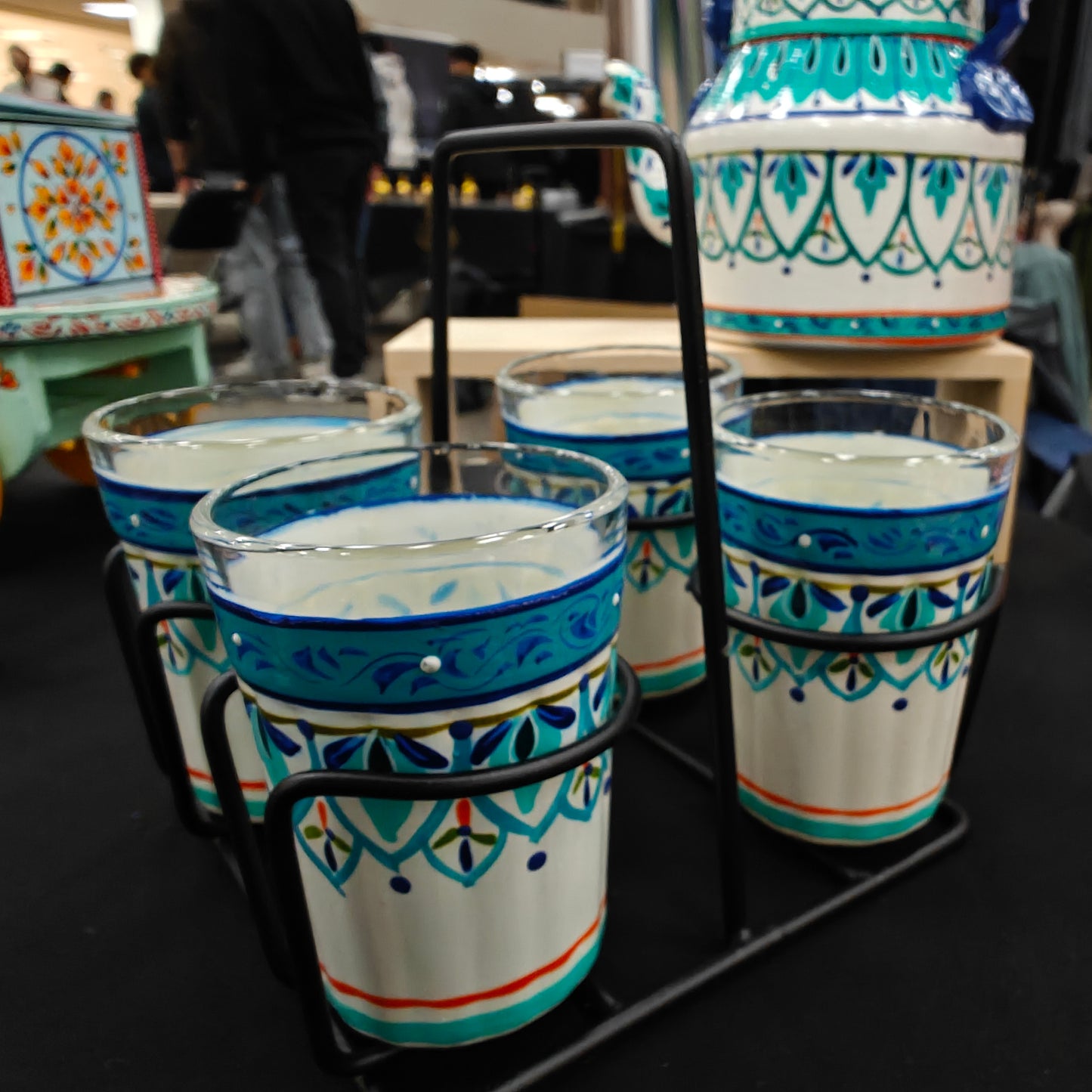 Hand-Painted Glass Tumbler Set (4) with Holder | Artistic Indian Drinkware