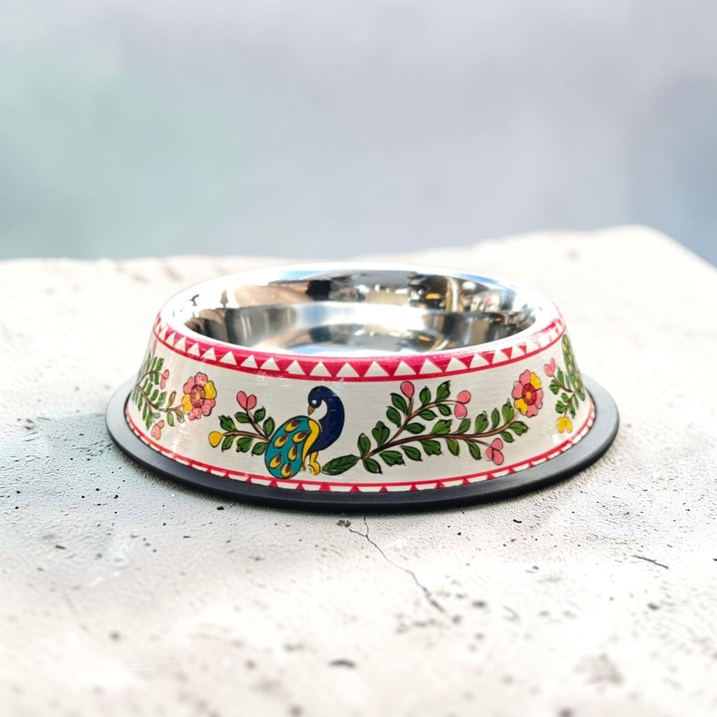 Stainless Steel Pet Bowl with Non-Slip Ring | Peacock Design