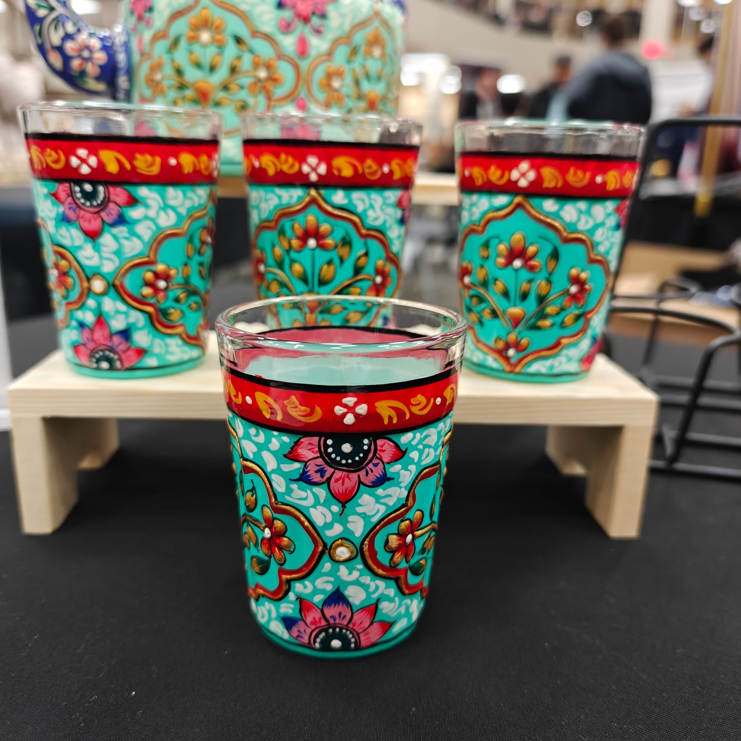 Hand-Painted Glass Tumbler Set (4) with Holder | Artistic Indian Drinkware