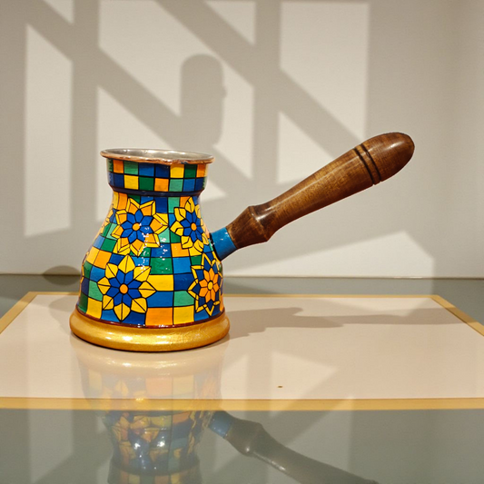 Side view of Hand-painted copper Turkish coffee pot cezve 400ml geometric pattern giftable by Dastkaari