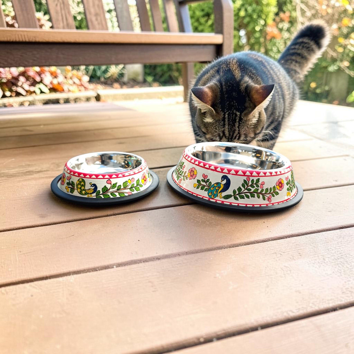Stainless Steel Pet Bowl with Non-Slip Ring | Peacock Design