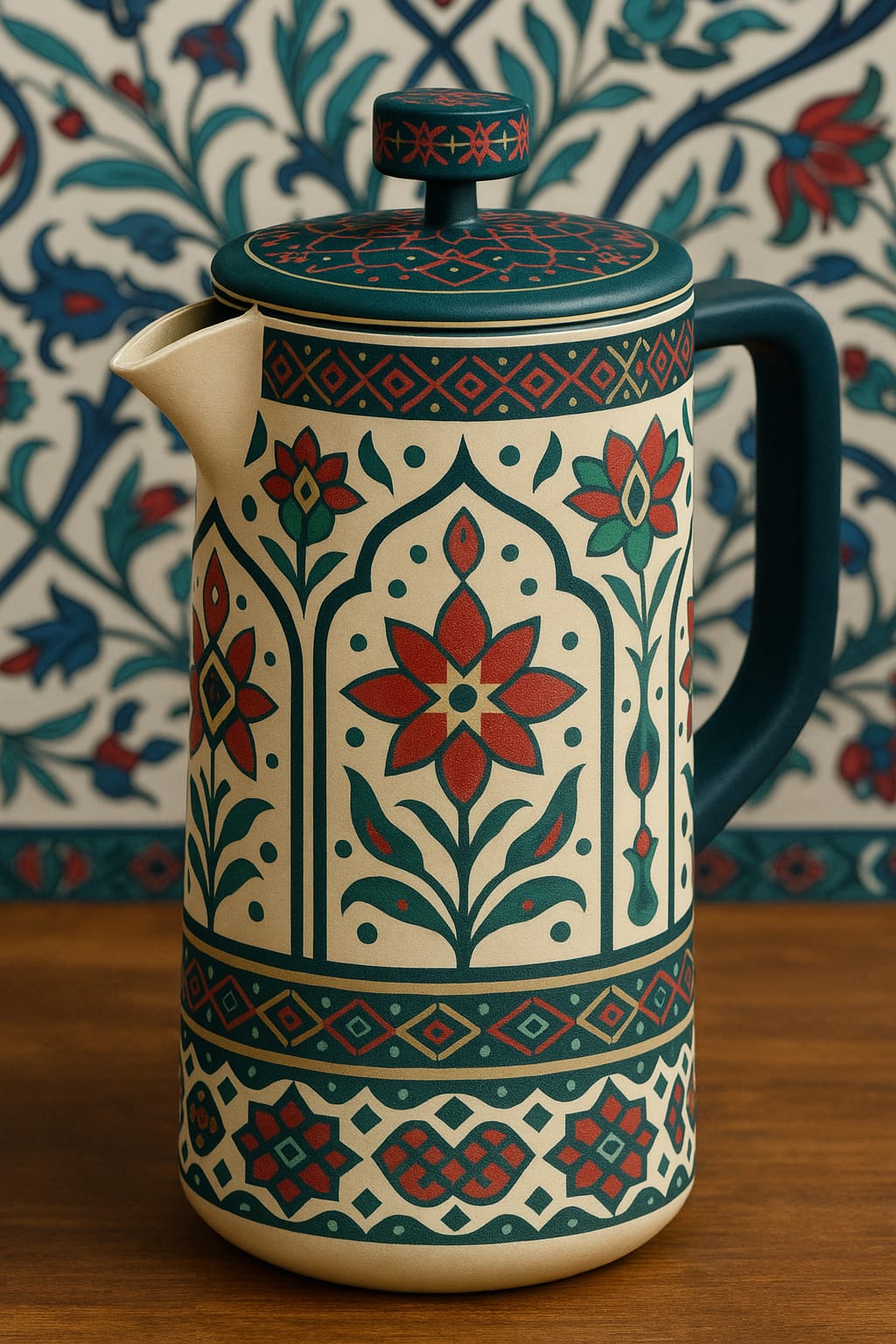 Hand-painted stainless steel French press palestinian color combination with Indo-Pak truck art design by Dastkaari
