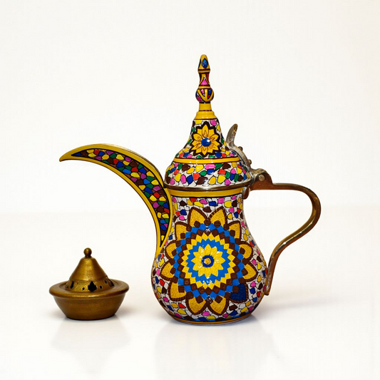 Side view hand-painted brass dallah coffee pot cream sunflower mosaic illusion Mughal art design by Dastkaari