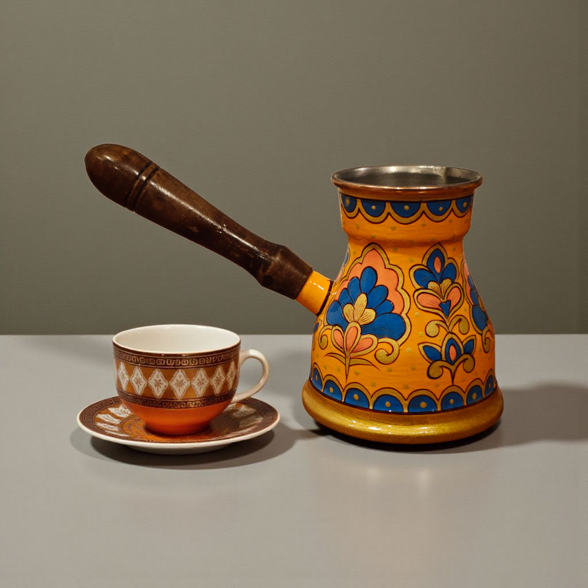 Traditional hand-painted copper Turkish coffee pot with wooden handle cezve 400ml floral motif design by Dastkaari
