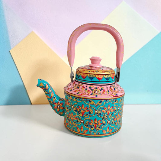 Tea Kettle 1L — Teal with Coral Pink Floral Design