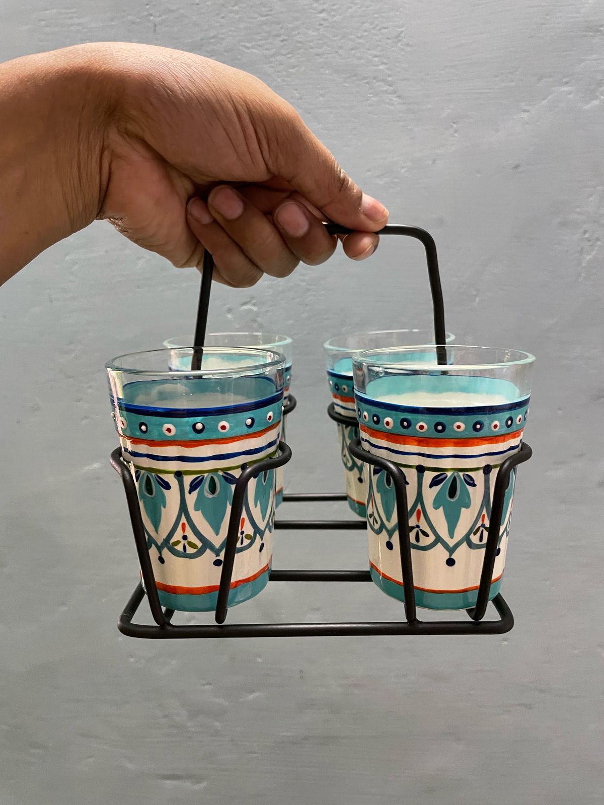 Hand-Painted Glass Tumbler Set (4) with Holder | Artistic Indian Drinkware