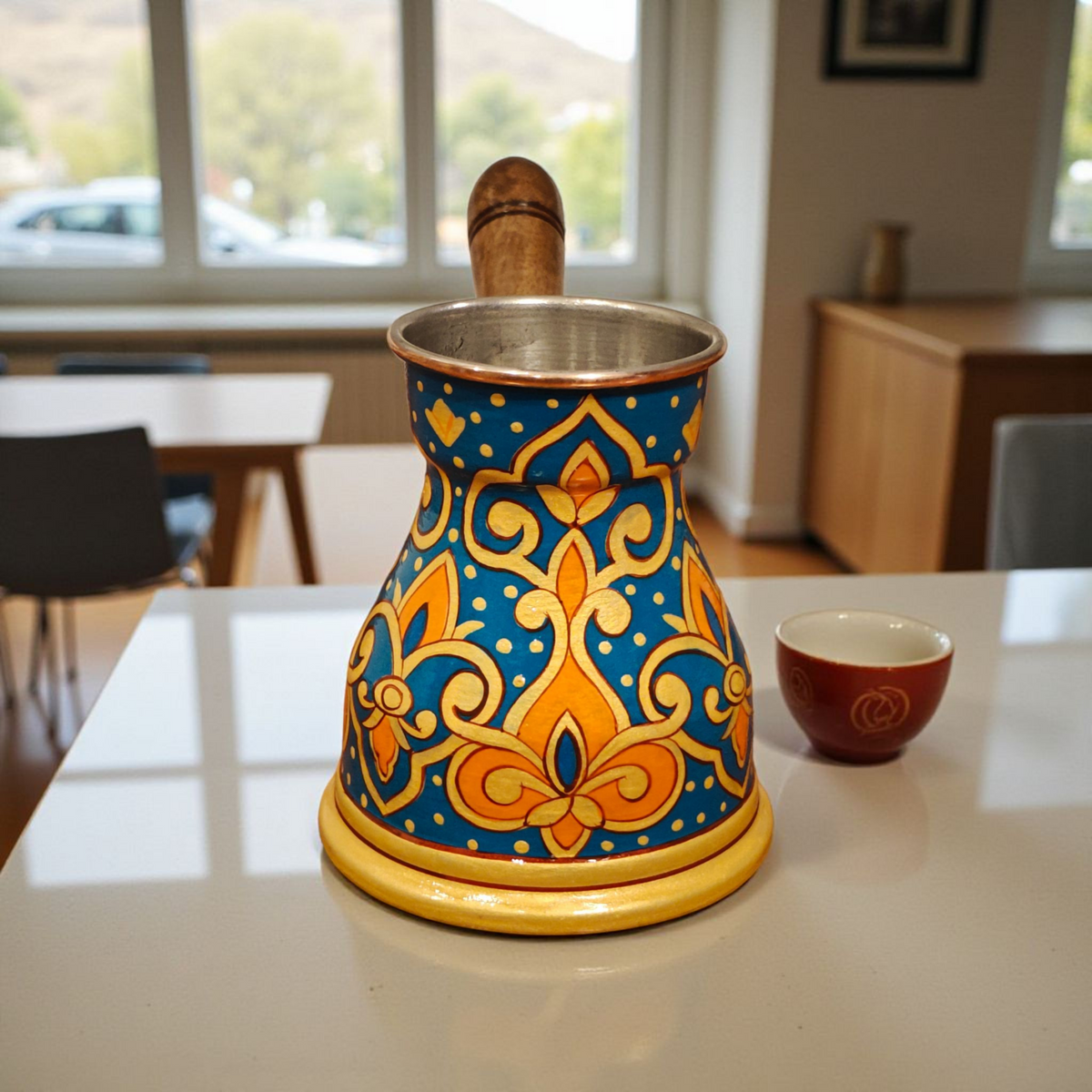 front view of the traditional hand-painted copper Turkish coffee pot with wooden handle cezve 400ml arabian design by Dastkaari