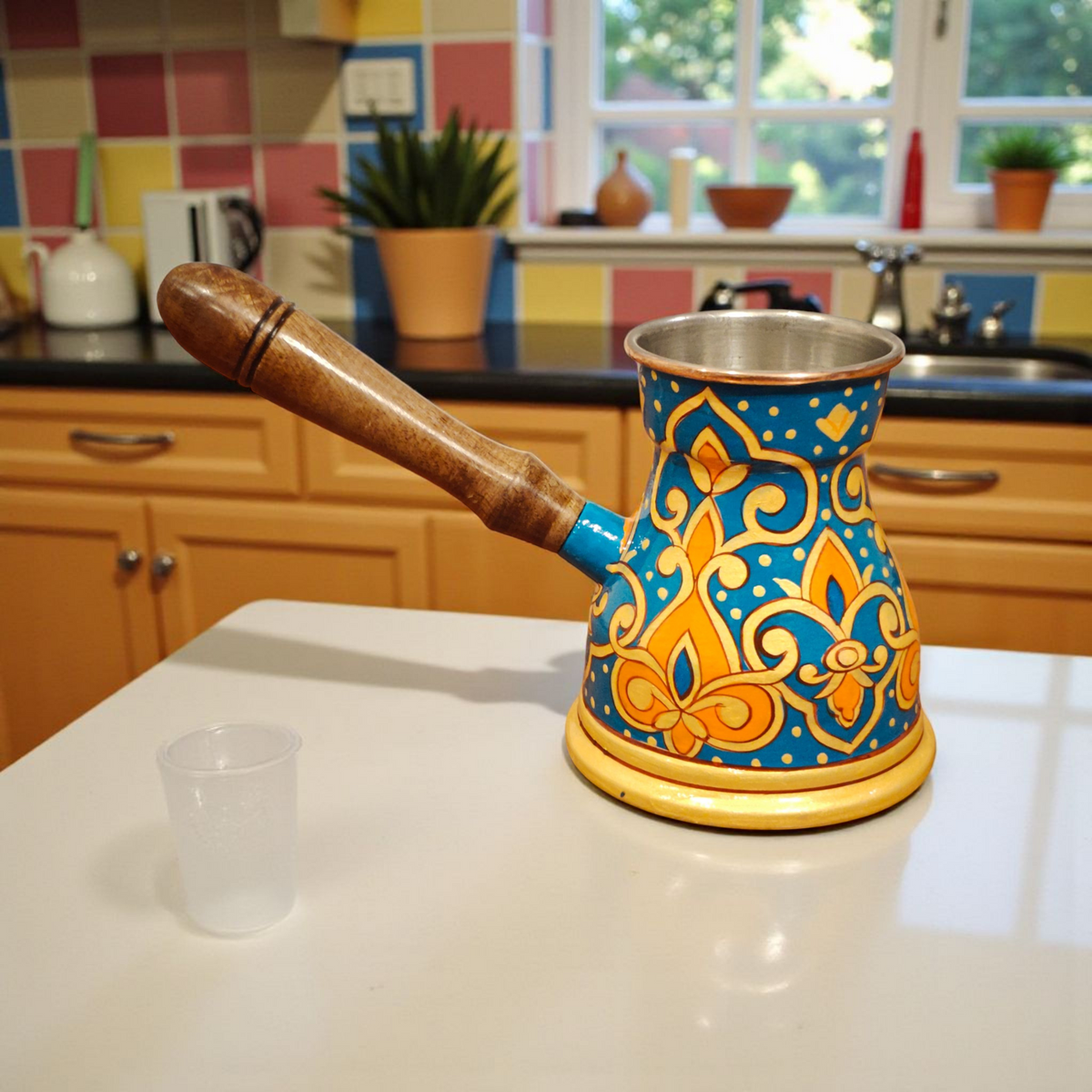 Side view of the traditional hand-painted copper Turkish coffee pot with wooden handle cezve 400ml arabian design by Dastkaari
