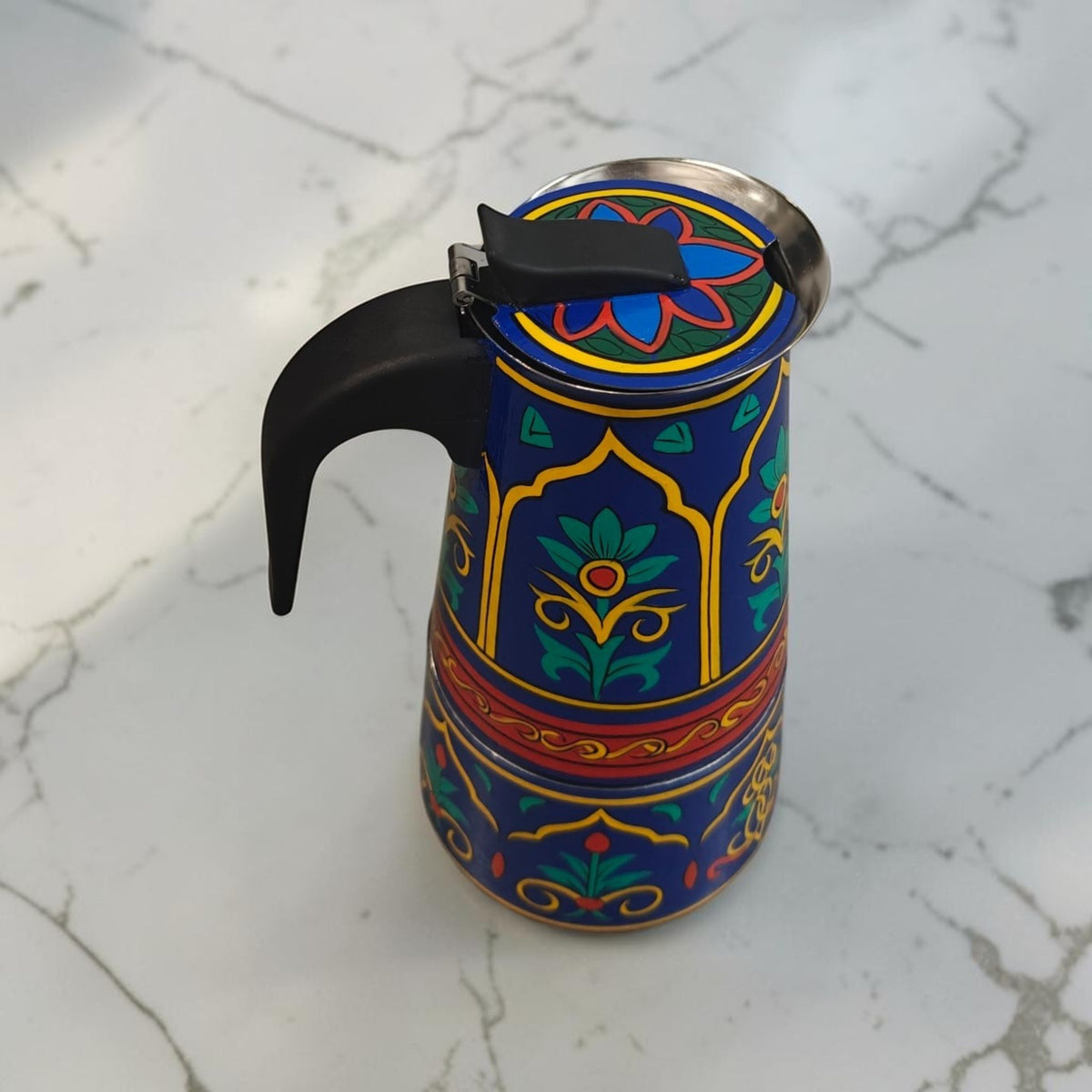 Stainless Steel Moka Pot – Royal Blue Floral, Hand-Painted Stovetop Espresso Maker
