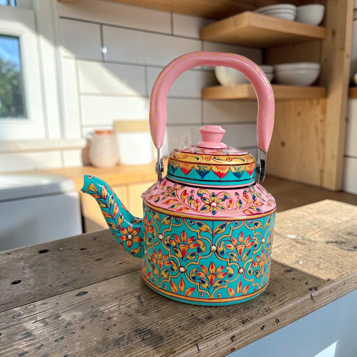 Tea Kettle 1L — Teal with Coral Pink Floral Design