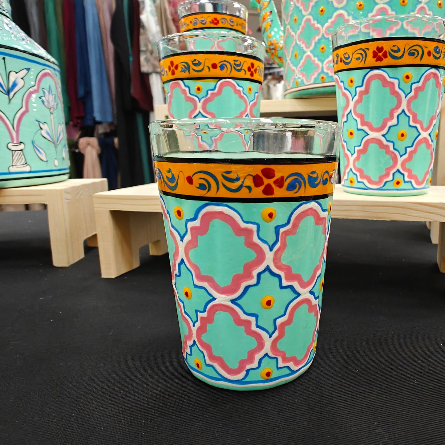 Hand-Painted Glass Tumbler Set (4) with Holder | Artistic Indian Drinkware