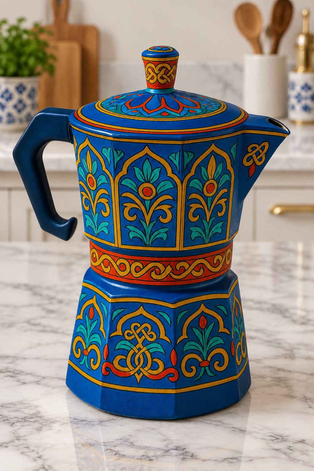 2. Hand-painted Aluminium moka pot with Mughal floral motifs by Dastkaari