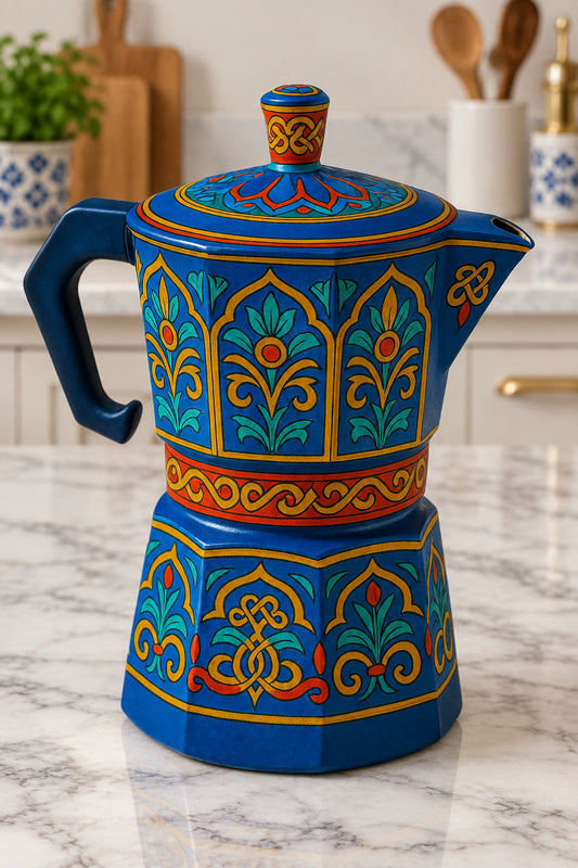 2. Hand-painted Aluminium moka pot with Mughal floral motifs by Dastkaari