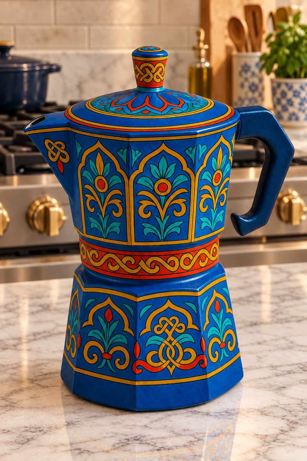 Moka Maker Espresso Pot Italian Style - Royal Blue Floral Design