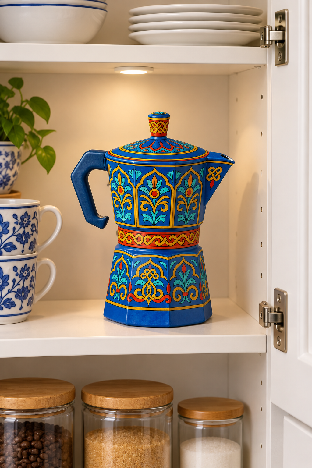 Moka Maker Espresso Pot Italian Style - Royal Blue Floral Design