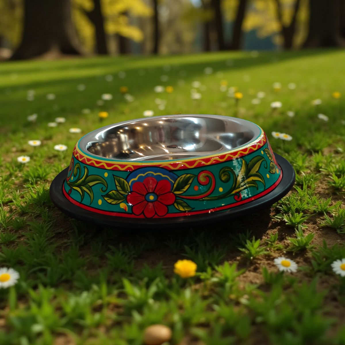 Stainless Steel Pet Bowl with Non-Slip Ring | Green with Red Daisy