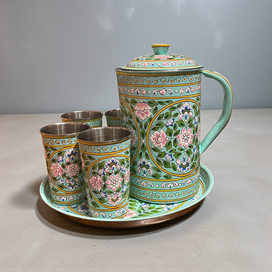 Hand-painted pink stainless steel water jug set with four tumblers and serving tray in floral truck art