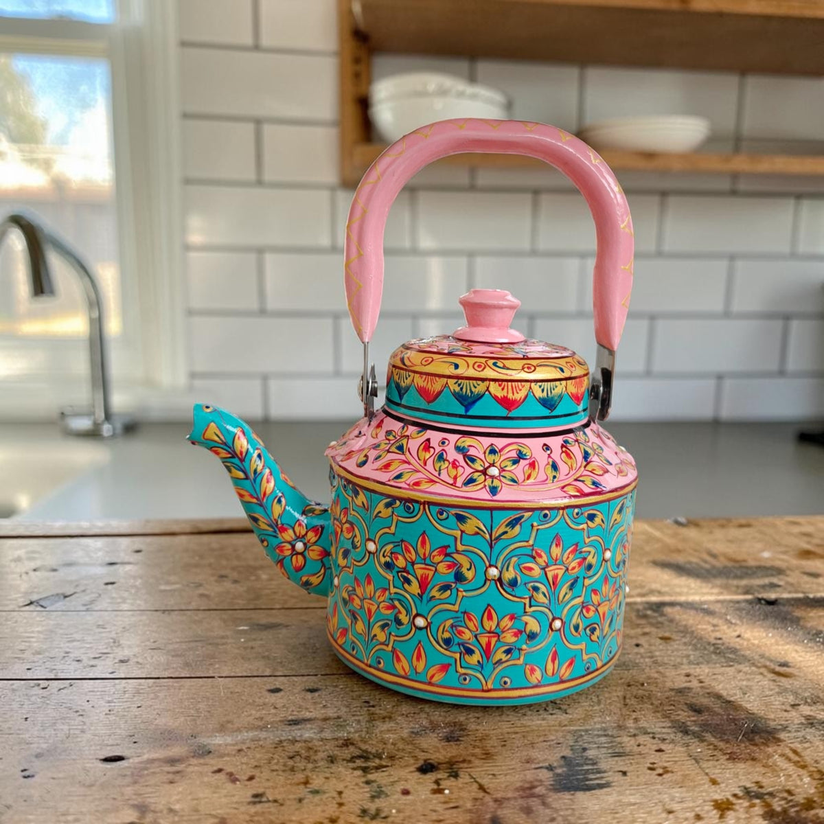 Tea Kettle 1L — Teal with Coral Pink Floral Design