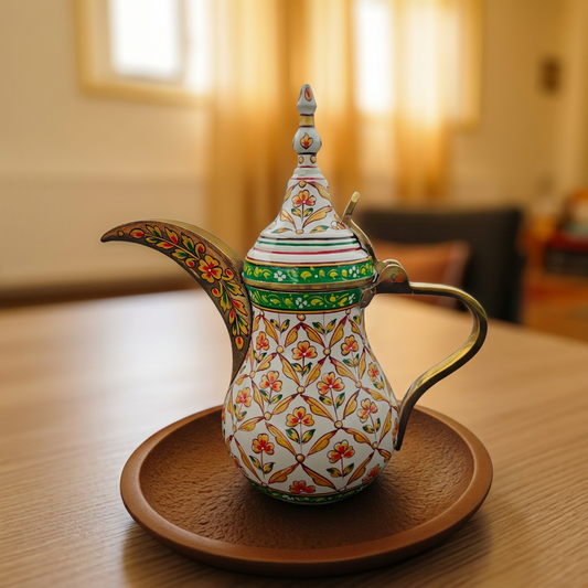 Brass Dallah Arabic Coffee Pot – Pichai Art White & Gold, 500ml