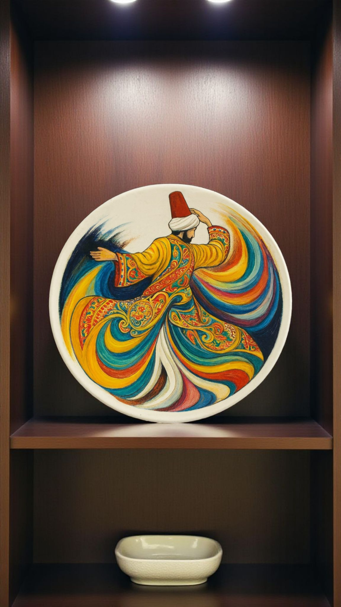 Colorful 12" decorative Mango wood wall plate or table art with a whirling dervish by Dastkaari