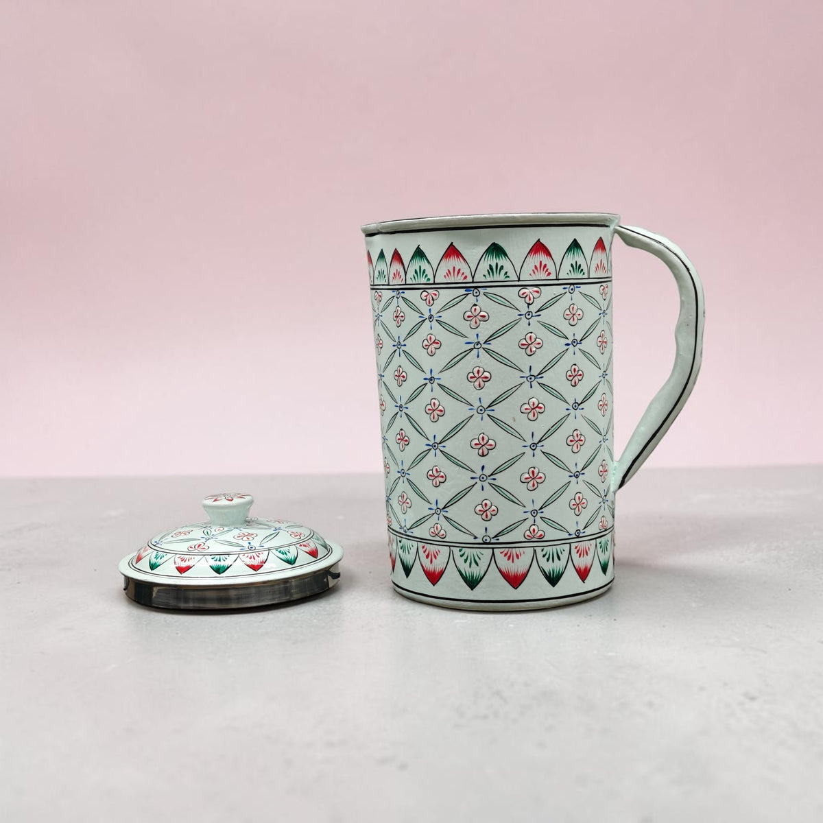 Hand-Painted Water Jug – Geometric Floral Pattern, Light Teal, Lemon Yellow or Mint