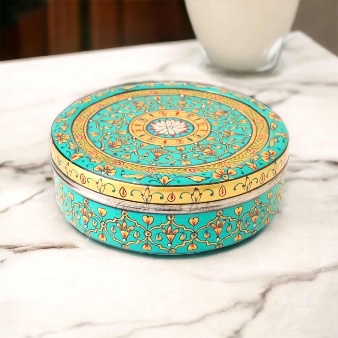 Hand-painted stainless steel masala box with 7 compartments and Mughal floral design