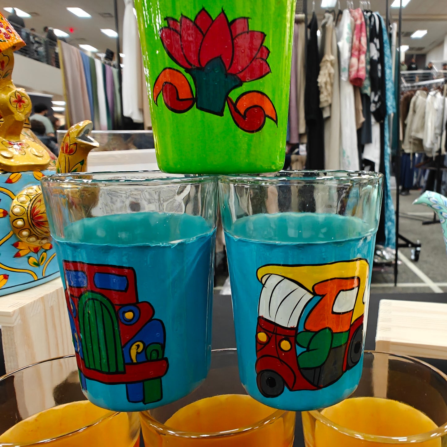 Hand-Painted Glass Tumbler Set (6) with Holder | Vibrant Indian Drinkware