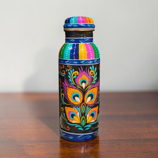 Copper Water Bottle — Peacock Feather Folk Art Design