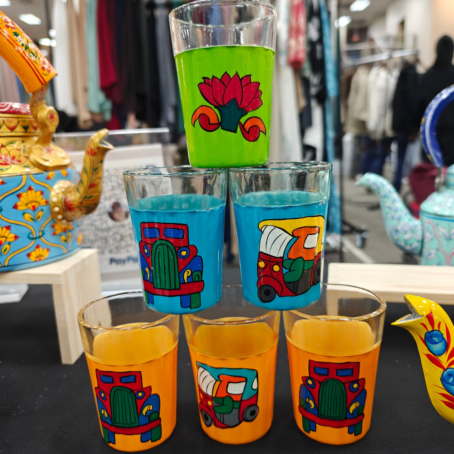 Hand-Painted Glass Tumbler Set (6) with Holder | Vibrant Indian Drinkware