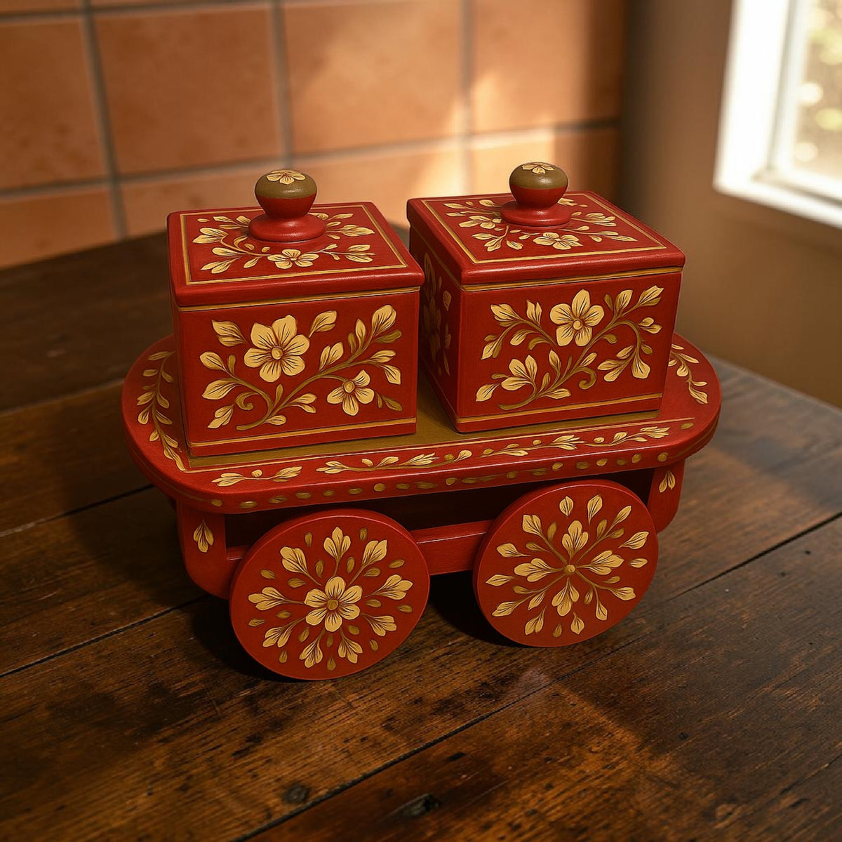 Mango Wood Spice Rairi — 2 Box Cart | Maroon & Olive